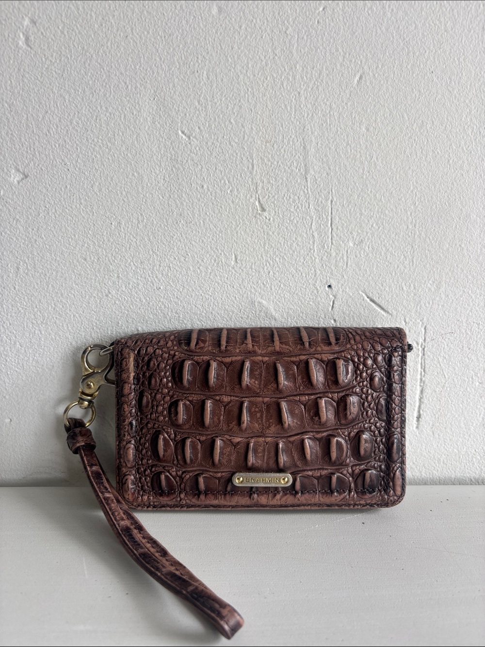 Brahmin Dark Brown Croc-Embossed Leather Wristlet